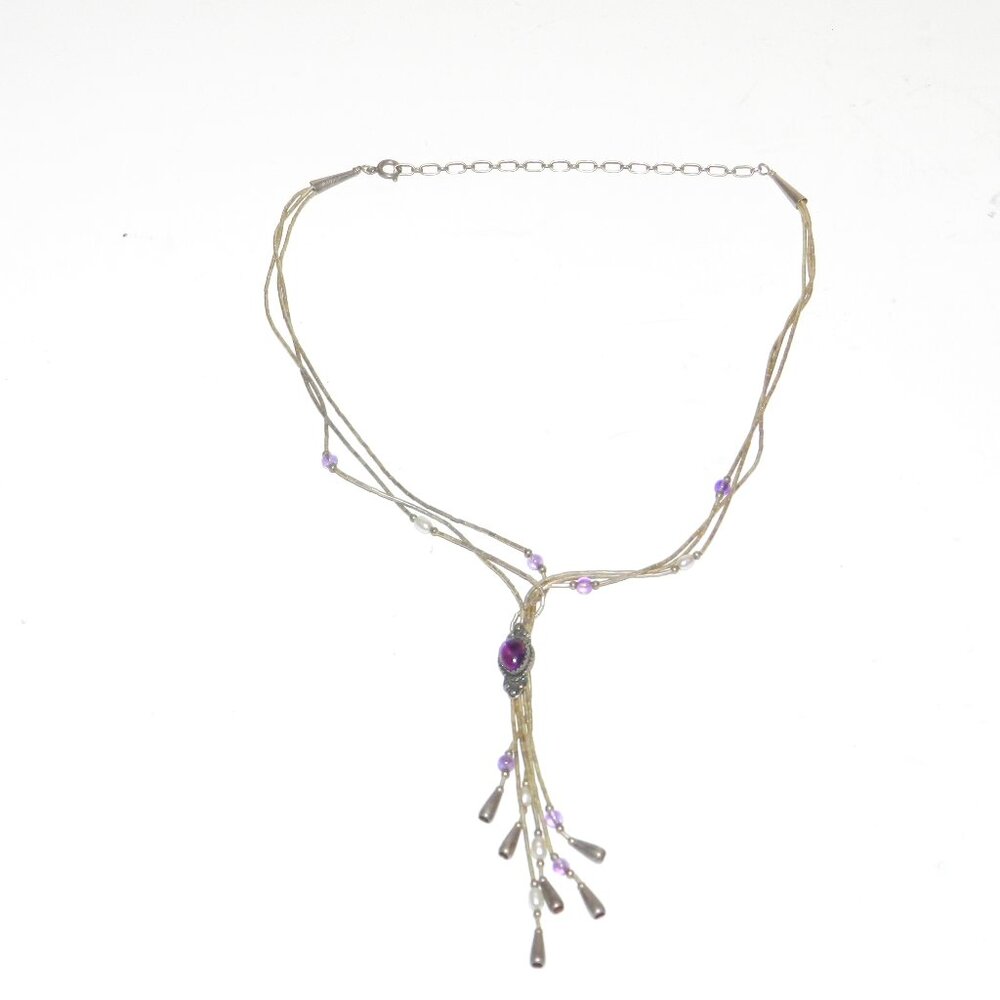 Vintage Amethyst Pearl Sterling Silver Necklace Multi Strand Adjustable QT QUOC
